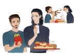  2boys animification black_hair black_shirt blue_shirt brown_eyes brown_hair burger buttons collared_shirt commentary cup disposable_cup drinking_straw eating facial_hair fingernails food food_on_face french_fries green_eyes hand_up hands_up happy_meal holding holding_cup holding_food holding_tray loki_(marvel) long_sleeves looking_at_another male_focus marvel marvel_cinematic_universe mcdonald&#039;s medium_hair multiple_boys murdermuffinloki open_mouth shirt short_hair short_sleeves simple_background sitting standing symbol-only_commentary t-shirt teeth tongue tony_stark tray white_background 