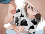  1boy 1girl animal_print blue_eyes brown_hair censored commentary_request commission cow_print cum cum_on_hands ejaculation handjob happy_sex heart hetero looking_ahead looking_at_penis medium_hair milking_handjob mosaic_censoring nonoyama original parted_lips penis print_shirt shirt skeb_commission smile solo_focus 