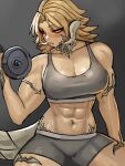  1girl abs absurdres arm_at_side bare_shoulders biceps blonde_hair breasts cleavage commentary commission copyright_request cowboy_shot dumbbell english_commentary exercise ezzydraws flipped_hair grey_background grey_shorts grey_sports_bra half-closed_eyes highres horns large_breasts looking_to_the_side midriff muscular muscular_female navel orange_eyes parted_lips shiny_skin short_shorts shorts simple_background solo sports_bra stomach sweat weightlifting 