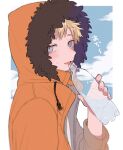  1boy blode_hair blue_eyes bottle drawstring drinking fur-trimmed_jacket fur_trim highres holding holding_bottle hood hood_up jacket kenny_mccormick male_focus open_clothes open_jacket open_mouth orange_jacket plastic_bottle short_hair solo south_park tongue upper_body uvuv2u water_bottle 