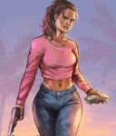  1girl blue_pants breasts brown_eyes brown_hair cowboy_shot crop_top denim earrings ericson_blum grand_theft_auto_vi gun hair_over_shoulder handgun highres holding holding_gun holding_money holding_weapon hoop_earrings jeans jewelry long_hair long_sleeves looking_at_viewer lucia_(grand_theft_auto) medium_breasts midriff mole mole_on_cheek mole_under_eye money navel palm_leaf pants parted_lips pink_shirt ponytail shirt signature solo wavy_hair weapon 