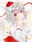  1girl alto2019 animal_ears breasts detached_sleeves from_behind hat inubashiri_momiji marker_(medium) red_eyes red_headwear sample_watermark shirt sleeveless sleeveless_shirt solo tail tokin_hat touhou traditional_media watermark white_hair white_shirt wide_sleeves wolf_ears wolf_tail 