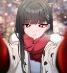 1girl :o alternate_costume black_hair blue_archive blue_sweater blurry blurry_background bokeh breath bright_pupils casual coat depth_of_field duffel_coat foreshortening fur-trimmed_coat fur_trim halo looking_at_viewer meme mijikayo_(user_eyyx8247) outdoors pov_cheek_warming_(meme) reaching reaching_towards_viewer red_eyes red_scarf rio_(blue_archive) scarf single_sidelock solo sweater upper_body white_pupils 