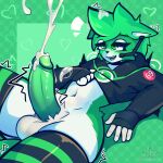  1:1 absurd_res anthro biped bodily_fluids bulge clothed clothing crop_top cum digital_media_(artwork) ejaculation english_text erection fur genital_fluids genitals girly green_background green_body green_eyes green_fur green_hair hair hi_res legwear looking_at_viewer lying male midriff nagifur navel on_back open_mouth orgasm orgasm_face panties penis personification shirt simple_background smile smug solo text thick_thighs thigh_highs topwear underwear whatsapp 