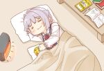  1girl =_= arm_up blanket blush center_frills closed_eyes closed_mouth collared_shirt facing_viewer frills grey_hair hair_flaps hair_intakes heater idolmaster idolmaster_cinderella_girls koshimizu_sachiko long_sleeves lying on_side pillow puffy_long_sleeves puffy_sleeves shirt smile solo suspenders table white_shirt yukie_(kusaka_shi) 