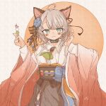  1girl :3 animal_ears arknights black_collar black_skirt blue_eyes blush cat_ears cat_girl closed_mouth collar commentary dango dated_commentary flower food grey_hair hair_flower hair_ornament hands_up highres hinagi_(windy5637) holding holding_food infection_monitor_(arknights) long_sleeves looking_at_viewer medium_hair mint_(arknights) sanshoku_dango shirt skirt solo upper_body wagashi white_shirt 