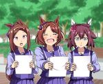  3girls animal_ears blue_eyes blurry blurry_background blush breasts brown_hair closed_eyes commentary_request flower forehead hair_flower hair_ornament headband holding horse_ears horse_girl long_hair medium_hair multiple_girls open_mouth paper sakura_bakushin_o_(umamusume) sakura_chiyono_o_(umamusume) sakura_laurel_(umamusume) shino_(ponjiyuusu) tree umamusume 