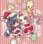 2girls aerith_gainsborough alternate_costume arestear0701 artist_name bell black_hair bow braid braided_ponytail brown_hair candy candy_cane capelet chibi christmas christmas_tree final_fantasy final_fantasy_vii final_fantasy_vii_ever_crisis final_fantasy_vii_remake food full_body fur-trimmed_capelet fur-trimmed_gloves fur-trimmed_headwear fur_trim gingerbread_man gloves green_eyes hair_bell hair_between_eyes hair_bow hair_ornament hair_tie hat highres holding_hands long_hair low-tied_long_hair mistletoe multiple_girls official_alternate_costume open_mouth parted_bangs pink_bow red_capelet red_eyes red_headwear red_skirt santa_costume santa_hat sidelocks single_braid skirt smile snowflakes star_(symbol) striped striped_background tifa_lockhart 