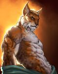  2023 abs anthro belly_hair biceps body_hair chest_tuft clothed clothing felid feline frown hi_res lynx male mammal manly movd multicolored_eyes muscular obliques partially_clothed pecs red_sclera scowl simple_background solo topless triceps tuft two_tone_eyes yellow_eyes 