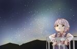  1girl :t blue_skirt blush brown_eyes closed_mouth collared_shirt food frilled_sleeves frills grey_hair hair_flaps hair_intakes holding holding_food idolmaster idolmaster_cinderella_girls koshimizu_sachiko long_sleeves night night_sky outdoors pleated_skirt puffy_long_sleeves puffy_sleeves railing roasted_sweet_potato shirt skirt sky sleeves_past_wrists solo star_(sky) starry_sky suspender_skirt suspenders sweet_potato white_shirt yukie_(kusaka_shi) 