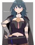  1girl black_cape black_shorts blue_hair blush border brown_pantyhose byleth_(female)_(fire_emblem) byleth_(fire_emblem) cape closed_mouth commentary_request do_m_kaeru expressionless fire_emblem fire_emblem:_three_houses grey_background hair_between_eyes hand_on_own_hip long_hair looking_at_viewer navel outside_border pantyhose purple_eyes sheath sheathed short_sword shorts simple_background solo sword twitter_username weapon white_border 
