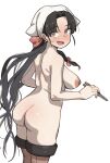  1girl :d ass back black_hair blush breasts brown_eyes brown_thighhighs chopsticks completely_nude frills from_behind geso_smith highres holding holding_chopsticks kantai_collection legs_together long_hair looking_at_viewer looking_back medium_breasts nipples nude shouhou_(kancolle) simple_background smile solo standing sweatdrop thighhighs very_long_hair white_background white_headwear 
