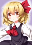  1girl ascot black_skirt black_vest blonde_hair blush collared_shirt commentary_request hair_ribbon highres long_sleeves medium_hair orange_eyes red_ascot red_eyes red_ribbon ribbon rumia ruu_(tksymkw) shirt skirt skirt_set solo touhou upper_body vest white_shirt 