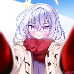  1girl artist_name azusa_(blue_archive) blue_archive commentary_request halo lanubis looking_at_viewer meme pov_cheek_warming_(meme) purple_eyes scarf solo white_hair 