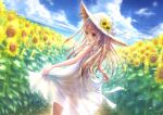  1girl :d back_bow bare_arms blue_sky blush bow brown_eyes cloud commentary_request cowboy_shot dappled_sunlight dress floating_hair flower from_behind garden goto_p hair_between_eyes happy hat hat_bow hat_flower light_brown_hair long_hair looking_at_viewer looking_back ocean open_mouth original outdoors perspective scenery see-through see-through_dress skirt_hold sky smile solo standing straw_hat sundress sunflower sunlight white_bow white_dress 