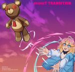  1girl absurdres album_cover album_cover_redraw blonde_hair blue_eyes bridget bridget_(guilty_gear) colored_skin cover derivative_work guilty_gear guilty_gear_strive highres ideac looking_up parody stuffed_animal stuffed_toy teddy_bear white_skin 