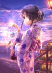  1girl aerial_fireworks ahoge architecture back_bow black_hair blush bow cherry_blossom_print commentary_request dusk east_asian_architecture eyelashes fireworks fish floral_print flower goldfish goto_p hair_bun hair_flower hair_ornament hand_up highres japanese_clothes kanzashi kimono lantern long_hair long_sleeves looking_at_viewer original outdoors parted_lips pink_bow purple_eyes purple_kimono sidelocks single_hair_bun sky solo stairs standing striped striped_kimono summer_festival wide_sleeves yukata 