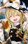  1girl alcohol ama_(pixiv_50406250) beer beer_mug black_headwear black_vest blonde_hair bottle bow braid buttons closed_eyes cup green_bow hair_bow hat hat_bow highres kirisame_marisa long_hair mug shirt single_braid solo touhou vest white_bow white_shirt witch_hat 
