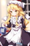  1girl apron black_dress blonde_hair blush bucket commentary_request dress hat highres holding holding_mop indoors juliet_sleeves kirisame_marisa long_hair long_sleeves mob_cap mop open_mouth puffy_sleeves ruu_(tksymkw) solo touhou very_long_hair waist_apron white_apron white_headwear yellow_eyes 