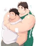  2boys 3c_pan_(izumipan3) absurdres anger_vein annoyed bandaid bandaid_on_face bandaid_on_nose bara bare_arms belly brown_hair couple covered_nipples flying_sweatdrops from_side green_tank_top hiding hiding_behind_another highres hug hug_from_behind large_pectorals male_focus multiple_boys muscular muscular_male original pectorals plump scared short_hair sideburns_stubble sideways_glance tank_top tearing_up thick_eyebrows white_tank_top yaoi 