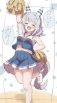  1girl :d ^_^ animal_ears bare_arms bare_shoulders blue_shirt blue_skirt blush breasts cheerleader closed_eyes clothes_writing commentary_request ear_covers ear_ornament english_text facing_viewer grey_hair hand_on_own_hip highres hishi_miracle_(umamusume) horse_ears horse_girl horse_tail long_hair navel pleated_skirt pom_pom_(cheerleading) shirt shoes skirt sleeveless sleeveless_shirt small_breasts smile solo standing standing_on_one_leg stomach sunanuko_(ramuneko) tail translation_request umamusume white_background white_footwear 