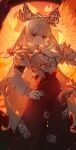  1girl absurdres arm_belt bow burnt_clothes closed_mouth expressionless feet_out_of_frame fiery_wings fire fujiwara_no_mokou hair_bow hand_on_own_hip highres juliet_sleeves kotatsu_kaya long_hair long_sleeves looking_at_viewer ofuda ofuda_on_clothes pants puffy_sleeves red_bow red_eyes red_pants shirt solo suspenders touhou two-tone_bow very_long_hair white_bow white_shirt wings 