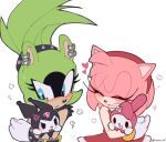  2girls amy_rose animal_ear_piercing artist_name blue_eyes blush character_request closed_eyes dress furry furry_female gloves heart kumo_zd multiple_girls red_dress simple_background sleeveless sleeveless_dress sonic_(series) surge_the_tenrec upper_body white_background white_gloves 