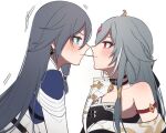  2girls asymmetrical_clothes blue_eyes blush breasts chinese_clothes closed_mouth dual_persona eyeliner food fu_hua fu_hua_(azure_empyrea) fu_hua_(herrscher_of_sentience) fu_hua_(taixuan_impression) grey_hair honkai_(series) honkai_impact_3rd jewelry long_hair long_sleeves looking_at_another makeup multiple_girls pocky red_eyeliner red_eyes simple_background single_bare_shoulder small_breasts upper_body white_background yunomi_(yunomi_hs) yuri 