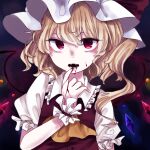  1girl ascot blonde_hair blood blood_from_mouth blood_on_cheek blood_on_face blood_on_hands buttons collared_shirt crystal dark_background fangs flandre_scarlet frilled_shirt_collar frilled_sleeves frills glowing glowing_wings hair_between_eyes hat kuromame1025 looking_at_viewer medium_hair mob_cap multicolored_wings one_side_up open_mouth puffy_short_sleeves puffy_sleeves red_eyes red_vest shirt short_sleeves simple_background solo touhou upper_body vest white_headwear white_shirt wings yellow_ascot 