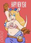  american_flag_bikini anthro big_breasts blonde_hair blue_eyes bottomwear breasts brown_clothing brown_gloves brown_handwear chip_&#039;n_dale_rescue_rangers clothing disney eyelashes eyewear eyewear_on_head female gadget_hackwrench gloves goggles goggles_on_head hair handwear hi_res kjm_video long_hair looking_at_viewer mammal mouse murid murine navel open_mouth open_smile purple_bottomwear purple_clothing raised_arm red_background rodent simple_background smile solo text thick_thighs wide_hips 