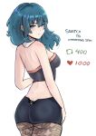  1girl ass black_hair blue_eyes breasts byleth_(female)_(fire_emblem) byleth_(fire_emblem) chascoby fire_emblem fire_emblem:_three_houses from_behind highres looking_at_viewer looking_back medium_breasts meme pantyhose solo twitter_strip_game_(meme) white_background 
