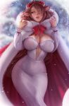  1girl animal_ears artist_name breasts brown_hair cloak cow_ears cow_horns dress fur-trimmed_cloak fur_trim hair_over_one_eye hood hooded_cloak horns large_breasts long_hair looking_at_viewer mole mole_on_breast mui_(olchas) olchas original red_eyes red_lips solo 