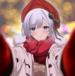  1girl aran_sweater azur_lane belfast_(azur_lane) belfast_(shopping_with_the_head_maid)_(azur_lane) black_ribbon blue_eyes blurry blurry_background blush brown_sweater cable_knit closed_mouth coat commentary_request duffel_coat earrings gloves hair_ribbon highres jewelry long_hair long_sleeves looking_at_viewer meme official_alternate_costume pov pov_cheek_warming_(meme) reaching reaching_towards_viewer red_gloves red_headwear red_scarf ribbon scarf single_earring smile solo soul_(dp11) sweater white_hair 