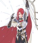  1boy bishounen bow_(weapon) cape closed_eyes cowboy_shot failnaught_(fate) fate/grand_order fate_(series) fighting_stance fur-trimmed_cape fur_trim glint harp highres holding holding_bow_(weapon) holding_weapon instrument knight long_hair male_focus potato_goril red_hair solo tristan_(fate) weapon 