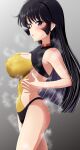  1girl bare_shoulders biker_clothes black_hair blush breasts check_commentary choker collar commentary commentary_request cutie_honey cutie_honey_(character) cutie_honey_flash gradient_background gradient_hair grey_background heart_collar highres hot hurricane_honey large_breasts long_hair looking_at_viewer looking_to_the_side momoisaki42 multicolored_hair navel parted_lips profile purple_eyes sidelocks simple_background skin_tight sparkling_sweat steam steaming_body sweat sweat_stain sweaty_clothes underwear undressing very_sweaty walking 