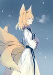  1girl absurdres animal_ears blonde_hair blue_background blue_eyes blue_tabard breathing commentary_request dress fox_ears fox_tail frilled_dress frills from_side gradient_background highres kakaricho_dairi kitsune long_sleeves looking_ahead medium_hair multiple_tails snowing solo standing tabard tail touhou white_dress yakumo_ran 