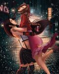  2girls absurdres aerith_gainsborough arms_around_neck cityscape dress final_fantasy final_fantasy_vii final_fantasy_vii_remake gregorillart highres hug hugging_ass long_dress long_hair miniskirt multiple_girls night skirt tifa_lockhart 