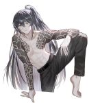  1boy aqua_eyes arm_tattoo barefoot belt black_belt black_eyes black_pants bonno_sasu chest_tattoo cloud_tattoo heterochromia highres hong_lu_(project_moon) limbus_company long_hair pants project_moon simple_background solo tattoo topless_male very_long_hair white_background 