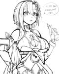  1girl absurdres breasts cleavage cleavage_cutout clothing_cutout cream_bread english_commentary griseo griseo_(cosmic_expression) hair_ornament highres holding holding_pen honkai_(series) honkai_impact_3rd large_breasts long_hair monochrome open_mouth pen simple_background sketch solo speech_bubble translation_request upper_body white_background 