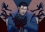  1boy 9gu_84 abstract_background absurdres bara black_gloves black_hair blood_drip blue_coat coat collared_coat gloves highres long_hair looking_at_viewer male_focus mature_male ponytail scar scar_on_chin scar_on_face scar_on_mouth scar_on_nose sergei_dragunov smile solo tekken upper_body 