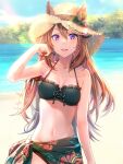  1girl alternate_costume animal_ears aoi_(07aoi15) arm_at_side bare_shoulders bikini black_bikini breasts brown_hair cleavage commentary_request cowboy_shot day ears_through_headwear floral_print groin halterneck hand_up hat highres horizon horse_ears lens_flare long_hair looking_at_viewer navel open_mouth outdoors purple_eyes sarong small_breasts smile solo straw_hat swimsuit symboli_rudolf_(umamusume) tree umamusume 