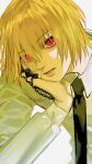  1boy bishounen black_necktie blonde_hair chain collared_shirt hand_on_own_face highres hunter_x_hunter kurapika long_sleeves looking_at_viewer male_focus necktie ood_do0 open_mouth portrait red_eyes shirt simple_background solo white_background white_shirt 