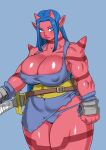  absurd_res armwear asian_mythology big_breasts blue_background blue_eyes blue_hair blush breasts cleavage clothed clothing demon ear_piercing ear_ring east_asian_mythology female hair hi_res holding_object holding_sword holding_weapon horn horned_humanoid huge_breasts humanoid japanese_mythology kjm_video long_hair melee_weapon muscular muscular_female mythology nipple_outline ogre_(dragon_quest_x) oni panties piercing purple_armwear purple_clothing purple_panties purple_underwear red_body red_horn red_skin ring_piercing simple_background solo spikes spikes_(anatomy) sword thick_thighs underwear weapon wide_hips yokai 