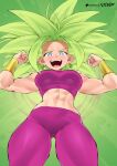 1girl abs artist_name blue_eyes clenched_hands double_biceps_pose dragon_ball dragon_ball_super earrings flexing flytrapxx green_background green_hair happy highres jewelry kefla_(dragon_ball) long_hair looking_at_viewer looking_down midriff muscular muscular_female open_mouth pants patreon_logo patreon_username pink_tube_top potara_earrings purple_pants purple_sports_bra saiyan sports_bra strapless super_saiyan teeth tongue tube_top upper_teeth_only vambraces 