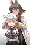  2girls ? animal_ears black_hair bonee_(neural_cloud) closed_eyes covering_another&#039;s_eyes dark-skinned_female dark_skin girls&#039;_frontline girls&#039;_frontline_neural_cloud gradient_background height_difference highres imhotep_(neural_cloud) medium_hair mole mole_under_eye multicolored_hair multiple_girls open_mouth orange_hair senpaihawkkun smile speech_bubble spoken_question_mark streaked_hair white_hair 