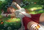  1girl arm_above_head armor armpits artist_name asuna_(sao) breastplate breasts brown_eyes brown_hair bug butterfly dandelion detached_sleeves flower grass long_hair looking_at_viewer lying medium_breasts on_back pleated_skirt red_skirt shirt skirt solo sword_art_online thighhighs thighs tree very_long_hair waist_cape web_address white_shirt white_thighhighs zarory 