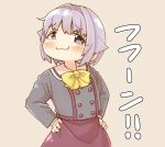  1girl :3 blush bow brown_background brown_eyes brown_skirt closed_mouth grey_hair grey_jacket hair_flaps hair_intakes hands_on_own_hips idolmaster idolmaster_cinderella_girls jacket koshimizu_sachiko simple_background skirt solo translation_request yellow_bow yukie_(kusaka_shi) 