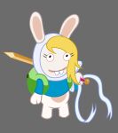  2023 adventure_time anthro backpack blonde_hair bottomless buckteeth cartoon_network clothed clothing cosplay crossover crossover_cosplay eyelashes female fionna_the_human grey_background hair hat headgear headwear lagomorph looking_at_viewer mammal melee_weapon rabbid raving_rabbids rayman_(series) shirt simple_background solo sword teeth topwear ubisoft unknown_artist weapon 