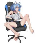  1girl absurdres ahoge animal_ear_fluff animal_ears barefoot between_toes bike_shorts black_gloves black_shorts blue_eyes blue_hair blue_nails bra_strap breasts bright_pupils cat_ears cat_girl chair crossed_bangs fang feet fingernails gaming_chair gloves hair_between_eyes head_rest highres looking_at_viewer medium_breasts medium_hair nail_polish off_shoulder open_mouth original partially_fingerless_gloves pjman shirt shorts simple_background single_glove sitting skin_fang soles solo spread_legs stylus swivel_chair tail toenail_polish toenails toes white_background white_pupils white_shirt 