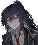  1boy aqua_eyes black_eyes black_hair black_vest blush bonno_sasu coat crying heterochromia high_ponytail hong_lu_(project_moon) limbus_company long_hair necktie parted_lips project_moon red_necktie shirt simple_background smile solo upper_body very_long_hair vest white_background 